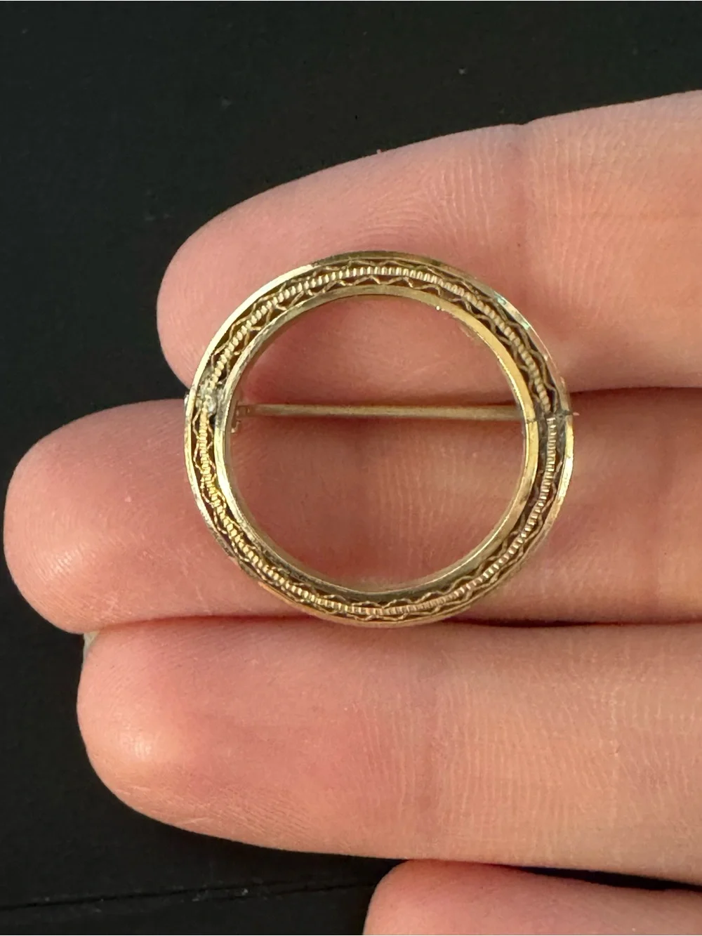 Vintage LANG 1/20 12K Gold Filled Circle Wreath Brooch - Textured Openwork